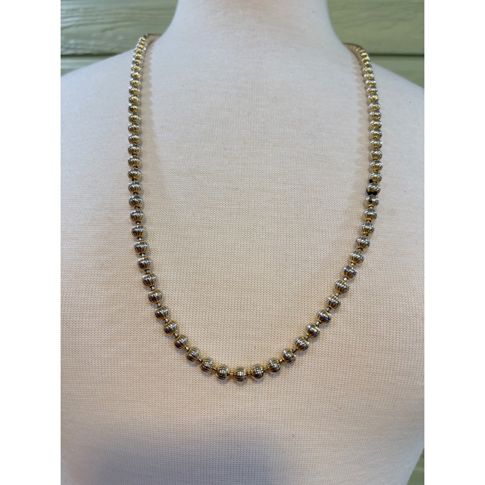 Two Tone Gold Silver Ribbed Beaded Ball Chain Necklace 30 Inch